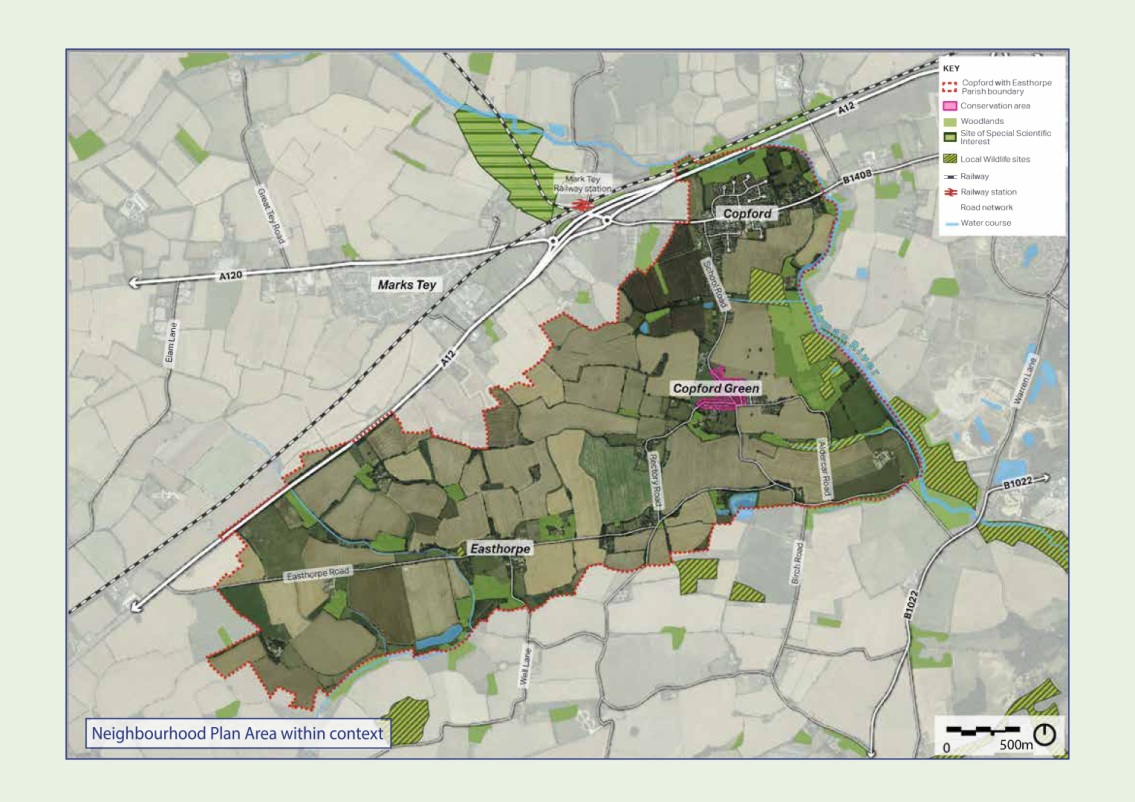 Copford Map of Neighbourhood Plan Area within context