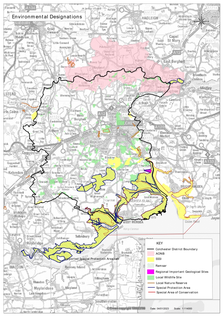 Image is of a map showing a black line around the Colchester district boundary with an inset key listing the Area of Outstanding Natural Beauty, Sites of Scientific Interest, Ramsar, Regional Important Geological Sites, Local Wildlife Sites, Local Nature Reserve, Special Protection Area and Special Area of Conservation. The Area of Outstanding Natural also known as AONB is shown in light pink, located to the north of Colchester surrounding Dedham. The Sites of Special Scientific Interest also referred to as SSSI, are shown in yellow and are located around Colchester, mainly to the South and along the estuary and coastline. The Ramsar designations are shown in green diagonal lines and are located, mainly to the south of Colchester, along the estuary and coastline. The Regional Important Geological Site is shown on the map in Magenta and is the only designation located close to Fingringhoe. The various light green areas show where the local wildlife site designations are across Colchester. The Local Nature Reserve designation is shown as a brown line and are designated in various places across Colchester. A dark blue line shows where the Special Protection areas are located to the South of Colchester, mainly along the estuary and coastline. 