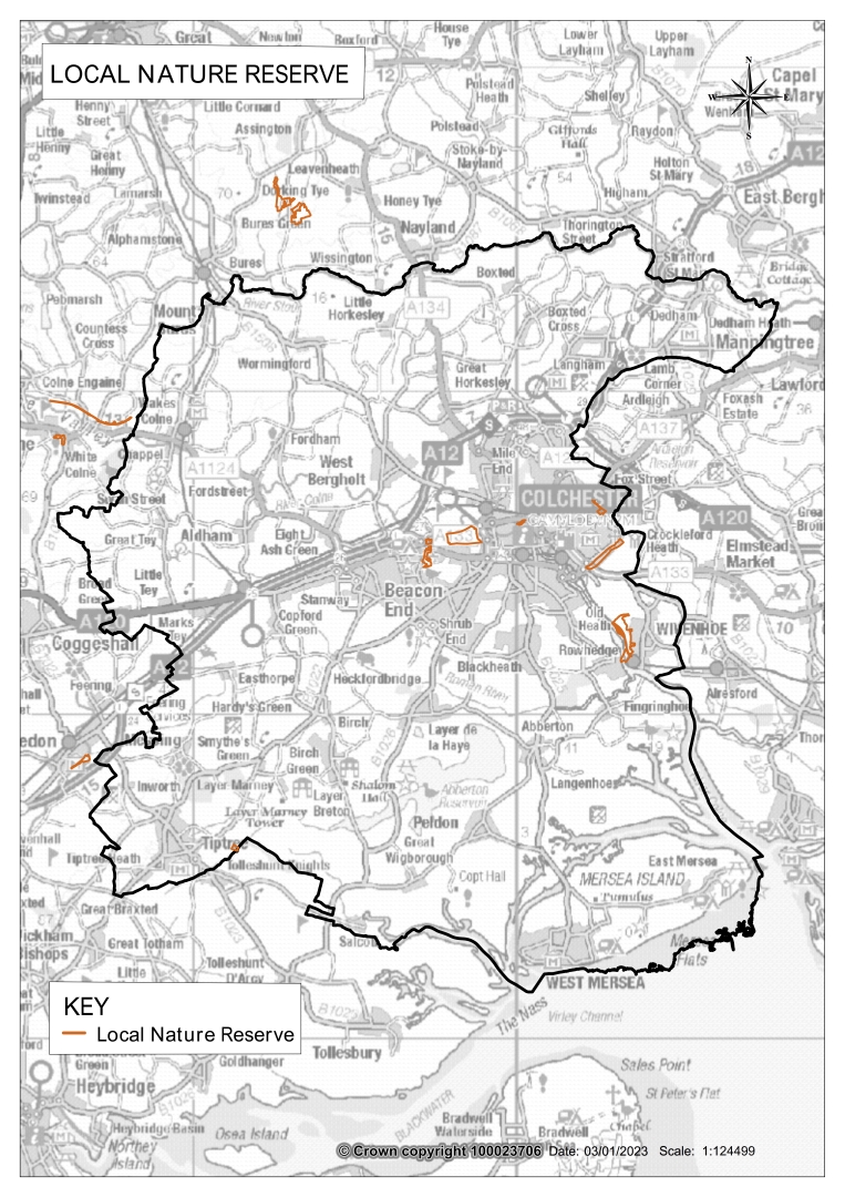 Image is of a map showing a black line around the Colchester district boundary, with an inset key listing the designation of Local Nature Reserves also known as LNR. These are shown as brown lines and are located to the north, outside of the Colchester boundary and in and surrounding the centre of Colchester.