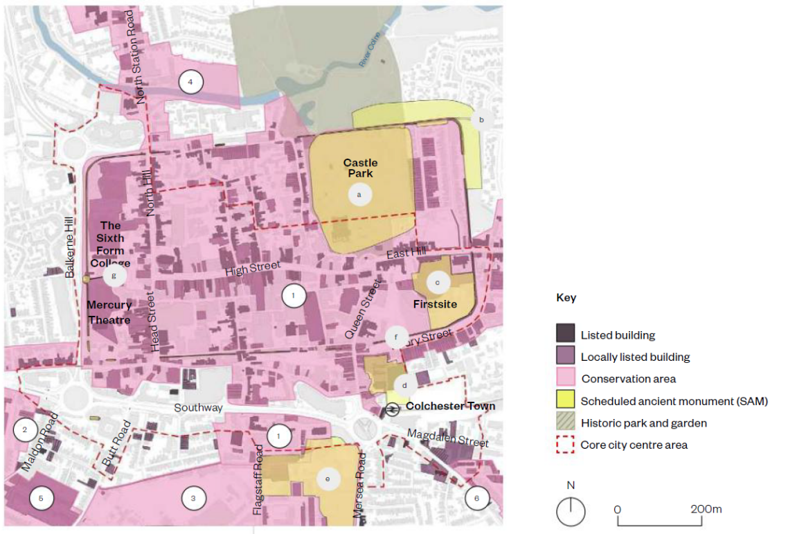 The image shows a map of Colchester City centre Historical Environment information. An inset key to the right of the map lists the following, Listed Buildings, Locally listed buildings, Conservation Area, Scheduled Ancient monument also know as SAM, Historic Park and garden and the core city centre area.  The conservation area is shown in pink and covers much of the city and includes all of the city centre, Lexden Road, The Avenue, Abbey Field, North Station and Environs, Mill Field Estate, Colchester New Town Conservation area. The scheduled monuments are shown in yellow and include, Colchester Castle, Town ditch, SE corner of Roman town in East hill House Gardens, St Botolphs Augustinian Priory, The Benedictine Abbey of St John, Roman Wall and Balkerne Gate. A north arrow and scale bar sit below the inset key. 