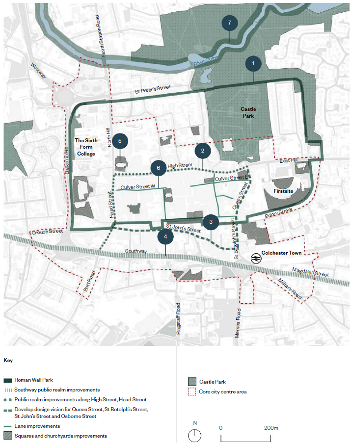 The image shows the Colchester city historical Environment and connections map. An inset key below shows a dark green line showing the Roman wall park, this circles the inner city, around Castle Park, Priory Street, along St Johns street, down Balkerne Hill and back to Castle Park. Green horizontal lines show the public realm improvements along Southway. A green dotted line shows the High Street and Head Street design vision. A dashed green line shows the Queen Street/St Botolphs Street and St Johns Street/ Osborne Street design vision. A green line shows the lane improvements through the inner city streets surrounding culver street. A grey area with diagonal lines shows the squares and churchyard improvements, some of these include Firstsite, St Botolph’s Priory, The Natural History museum and St Peters Church to name a few. Castle park is shown in green dots. A red dotted line encircles the core city centre area.