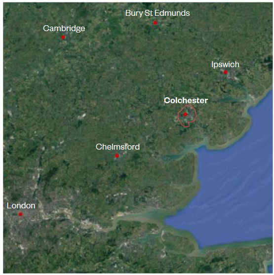 Location Plan: The image is of an ariel map of the east of England, Colchester is shown with a red dot and a red boundary line. Other red dots show the surrounding cities and towns including London, Chelmsford, Cambridge, Bury St Edmunds and Ipswich.  