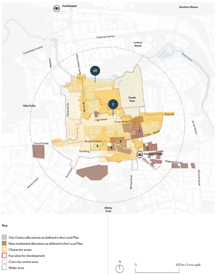 The image shows the City Centre allocations and designations map, an inset key below the map shows a light brown area showing the city centre allocations as defined in the Local Plan. The dark brown areas show the new residential allocation as defined in the Local Plan, these include the ABRO site, the former Lexden Road Hospital and St Runwalds Car Park site. Yellow diagonal lines shows the character areas across the City including Castle Park. A red line outlines the key sites for development, these are Vineyard Gate, The Former Bus Depot and Britannia car park. A red dotted line encircles the core city centre area and a grey dotted line marks the wider area. To the right of the inset key is a north arrow and a scale bar.
