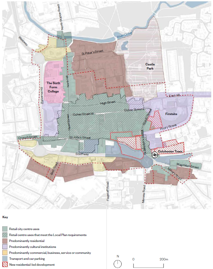 The image shows the City centre land uses map and inset key. The green area shows the retail city centre uses which include the main centre of the city from St Johns Street to the High Street, North Hill and parts of Crouch Street and St Botolphs Street. A small area of Magdalen Street and Military Road is included. The retail centre uses that meet the Local Plan requirements are shown in green with diagonal lines, this covers the main city centre area from Head Street to Queen Street and St Johns Street to the High Street. The brown areas on the map shows the predominately residential areas, which includes large area behind the high street down to St Peters Street. It also includes areas south of Southway and parts of Military Road and Magdalen Street. The purple areas show the predominantly cultural institutions, and these include Firstsite, The Mercury and Jumbo, the Natural History Museum and St Botolphs Priory. The predominantly commercial, business, service or community areas are shown in orange and are located south of Southway and the Middleborough area. The grey areas show the Transport and car parking and include Osborne Street, Town Station and St Johns Street Car Park. New residential-led development is shown in red diagonal lines and include Britannia Car Par, Vineyard Gate and the old Bus Depot. To the right of the inset key is a north arrow and a scale bar.  