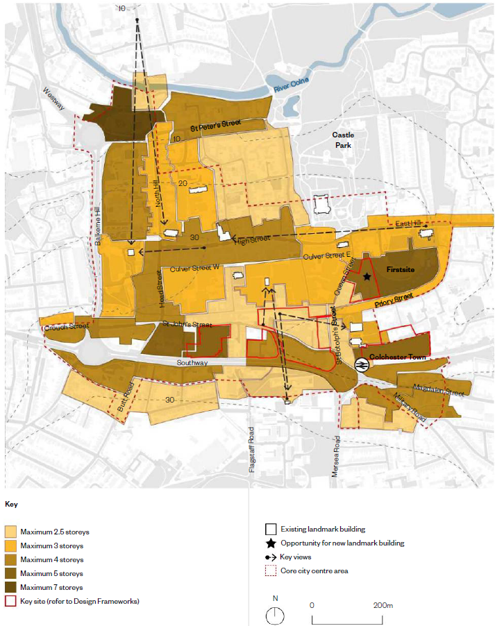 The image is of the proposed maximum building heights map of the city. The inset key lists the maximum building heights across the city. A yellow colour shows the buildings with maximum 2.5 storeys, these are shown between Military Road and Mersea Road, around the Butt Road area, parts of Southway to the south. St Johns Street and Eld Lane are also shown in yellow along with a large area between the High Street and St Peters Street. An orange shade shows the buildings with a maximum of three storeys and they are shown down North Hill, along Culver Street east and west, along Priory Street area and at the eastern end of the High Street and East Hill. The buildings with a maximum of four storeys are shown in a light brown colour and are mainly along the High Street and Head Street, North Hill, along St Peters Street, the south side of Southway leading to Crouch Street and areas of New Town. Maximum of 5 storey buildings are shown in brown and are located in what is currently Brittania Car Park, the northern side of Southway and Firstsite area. A maximum of seven storey buildings are only located in the Middleborough area of the city. Key sites in the city are shown with a red line around them and include the former bus depot area, areas to the north of Southway, and two locations in the St Botolphs area. Refer to the design framework for more information on key sites. Existing landmark buildings in the city are shown with a black outline and include, St Botolphs Church, St Botolphs Priory, St James Church, The Natural History Museum, The Colchester Castle, lion Walk United Reformed Church, the Officers Club, The Town Hall, St Peters Church and Jumbo. The former Bus Depot site has a black star on it which refers to an opportunity for a new landmark building to be in this location. Dashed lines with an arrowhead are shown on the map as key views across the city. One key view is shown from North station Road pointing towards Jumbo and St Peters Church. Another view starts on the high street and points towards Jumbo. Another view starts at St James Church and points towards The Town Hall. Other views are shown pointing at Lion Walk United Reformed Church from Eld Lane and The Officers Club. A red dashed line is showing the core city centre area. Below the inset key is a north arrow and a scale bar. 