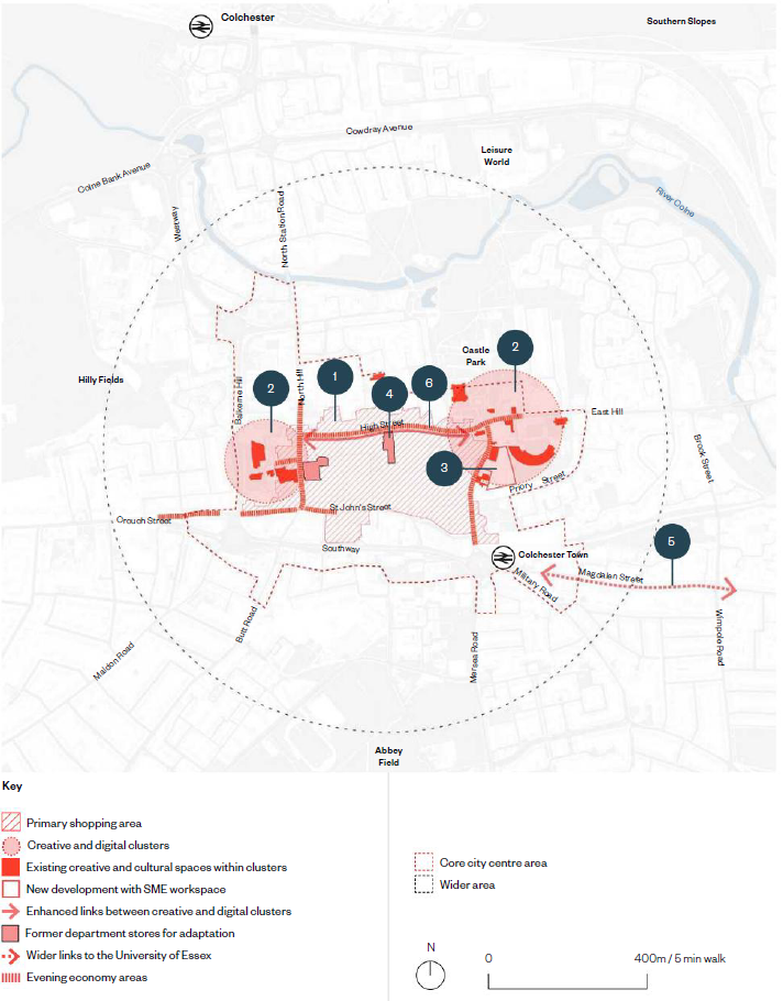 The image is of a map showing the facilities and connections in the city centre. An inset key below the map lists the primary shopping areas, creative and digital clusters, existing and creative and cultural spaces within clusters, new development with SME workspace, enhanced links between creative and digital clusters, former department stores for adaption, wider links to the University of Essex and the evening economy areas. The primary shopping areas are shown in red diagonal lines, and cover from Head Street, High Street, Queen Street and St Johns Street and all within that area. The creative and digital clusters are shown as pink circles and includes the Mercury, The Odeon Cinema, The Arts Centre and the Sixth Form College. The second cluster includes Firstsite, The Colchester Castle, Curzon and the Natural History Museum. New development with SME workspace is shown with a red outline on the former Bus Depot site. Enhanced links between creative and digital clusters are shown in a pink solid line with direction arrows, and is found along the High Street. The former department stores for adaption are shown in a pink solid colour and include the former Debenhams store and the former Marks and Spencer’s. The wider links to the University of Essex are shown in a pink dotted line with direction arrows and are located along Magdalen Street. The evening economy areas are shown in a red vertical lines and are located along Crouch Street, St Johns Street, Head Street, the top of North Hill, the High Street and Queens Street. The core city centre area is shown in a red dotted line and the wider area shown in a grey dotted line. Below the map is a north arrow and a scale bar. 