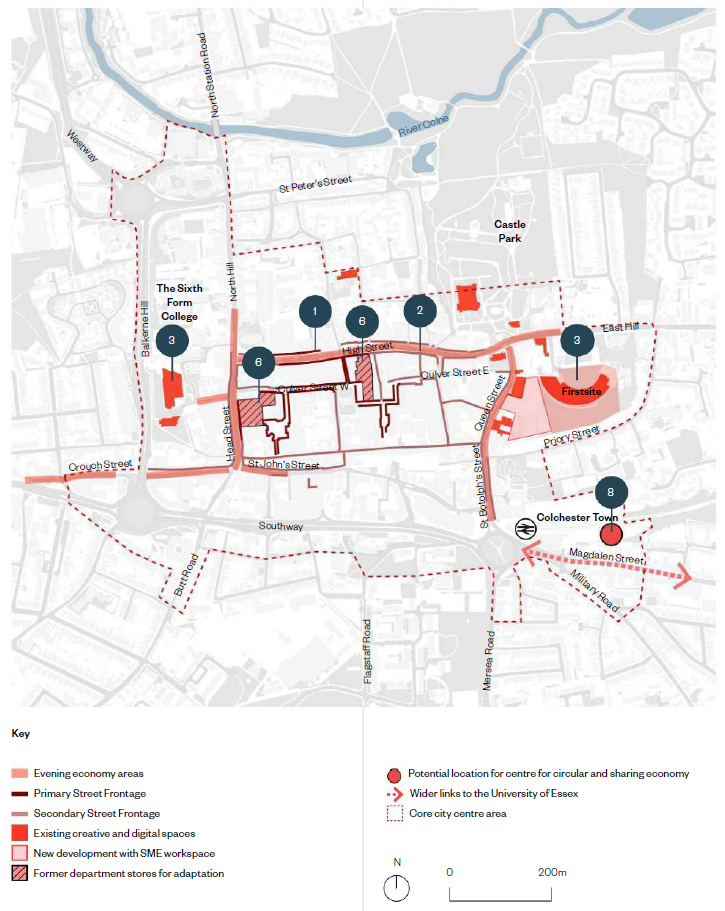 The image is of the facilities and connections map of the city centre with an inset key below listing the following; evening economy areas, primary street frontages, secondary street frontages, existing creative and digital spaces, new development with SME workspace, former department stores for adaption, potential location for centre for circular sharing and economy, wider links to the University of Essex and a red dotted line showing the core city area. The evening economy areas are shown in pink and are located along Crouch Street, St Johns Street, Head Street, the top of North Hill, the High Street and Queens Street. The primary street frontages are shown in maroon and are located on Head Street outside the former Debenhams store, Culver Square, Culver Street West, the west end of the High Street, Pelhams Lane and Lion Walk. The secondary street frontages include Crouch Street, Head Street, the east end of the High Street, Red Lion Walk, Eld Lane, St Johns Street, Long Wyre Street, Priory Walk, Queen Street and St Botolphs Street. The existing creative and digital spaces are shown in red, these are located across the city, the largest locations are the Sixth Form College, Colchester Castle and Firstsite. New development with SME workspace is shown with a red outline and shaded pink on the former Bus Depot site. The former department stores for adaption are shown in pink with red diagonal lines and include the former Debenhams store and the former Marks and Spencer’s. Potential for centre for circular and sharing is shown with a red circle and is located in the railway arches at the Town Station. The wider links to the University of Essex are shown in a pink dotted line with direction arrows and are located along Magdalen Street. Below the map is a north arrow and scale bar. 