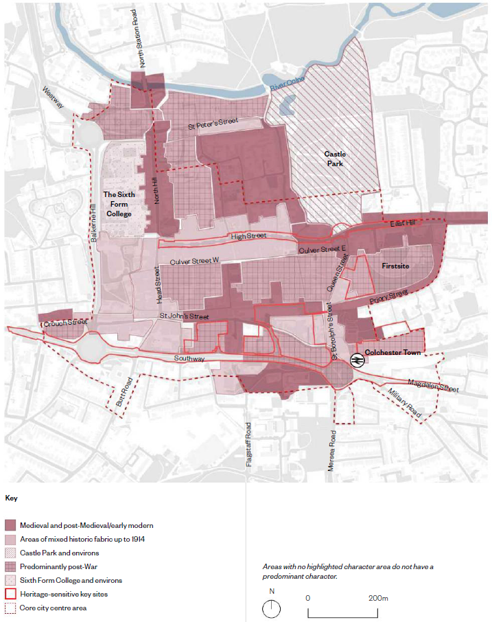 The image shows the historic areas of Colchester centre. An inset key below the map lists the medieval and post-medieval/early modern, areas of mixed historic fabric up to 1914, Castle park and environs, predominantly post-war, Sixth Form College and environs, heritage-sensitive key sites and the core city centre area shown in a red dotted line. The dark pink areas show the medieval and post medieval/early modern areas and these are shown along North Hill and surround North Colchester Bridge, behind the High Street and down to St Peters Street, Culver Street East and down East Hill, Priory Street and surrounding St Botolphs Priory, St Johns Street and the southeast part of Southway. Areas of mixed historic fabric up to 1914 are shown in a light pink and are located along St Botolphs Street and Osborne Street, the west side of Head Street, the High Street and St Peters Street.  The Castle Park is shown in a pink shade with diagonal lines across. The predominantly post-war areas are shown in pink with a cross hatch pattern and is shown to the north of the city and to the east side of North Hill, along Culver Street East and West, Firstsite and surrounding areas, to the north of Southway and Britannia car park area. The Sixth Form College and environs is shaded in pink. The heritage-sensitive key sites are shown in a red outline and are located on Crouch Street, Southway, Vineyards Street, High Street, the former Bus Depot site, Britannia car park and the Town Station. Below the map is a north arrow and a scale bar.