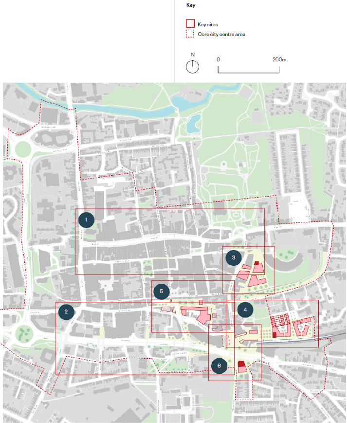 The image shows the design framework locations map of the city centre and surrounding areas. An inset key above lists the key sites and the core city centre area. The first key site shown in a red rectangle line is the High Street. The second key site is Southway and St Johns Street/ Osborne Street. The third key site is the former bus station site. The fourth key site is Britannia Yard. The fifth key site is Vineyard Gate and the sixth key site is St Botolphs Junction. Above the map is a north arrow and a scale bar.  