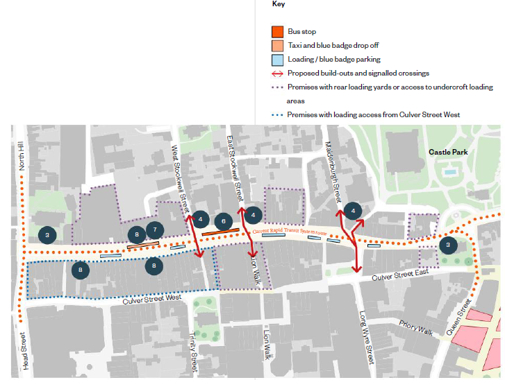 The image shows the High Street transport assets map. An inset key lists the bus stops, taxi and blue badge drop off, loading and blue badge parking, proposed build-outs and signaled crossings, premises with rear loading yards or access to undercroft loading areas and premises with loading access from Culver Street West. The bus stops are shown in red and sit on the High Street between West Stockwell Street and East Stockwell Street. The taxi and blue badge drop off is shown in orange and is located outside of the Town Hall on the north side of the High Street. The loading and blue badge parking is shown at six locations along the south side of the High Street. The proposed build outs and signaled crossings are shown between West Stockwell Street and Pelham Lane, East Stockwell Street and Lion Walk and Maidenburgh Street, Museum St and St Nicholas Street.  The premises with rear loading yards or access to undercroft loading areas are shown with purple dotted lines and include access from Castle Bailey, Culver Street East, and locations in the Dutch Quarter behind the High Street. Premises with loading access from Culver Street West are located from Head Street to Pelhams Lane.  