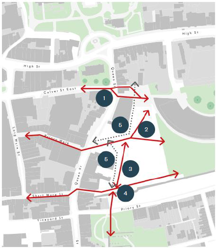 The image shows the movement network map along Queen Street. Red direction lines show the improvement routes for pedestrian and cycle links from Culver Street East, St Botolphs Priory, Short Wyre Street and Priory Walk to Firstsite. Grey dotted lines show the vehicle access and servicing on the roads parallel to Queen Street. 