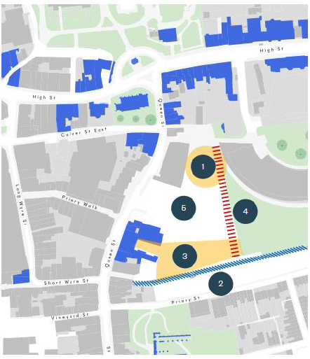 The image shows a map of Queen Street and surrounding roads showing the public realm and heritage setting. An orange circle behind the Curzon cinema is shows where the expanded public realm space is proposed. An orange shape shows where the courtyard to the rear of 37 Queen Street is proposed to become a new public realm space. Red parallel line show where proposed active frontage and pedestrian link points to Berryfields open green space will be located, to ensure that increased public access. 