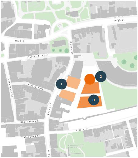 The image shows the building height and massing map for the former Bus Depot site. It shows a peach coloured blocks to the front of Queen Street where the building height will be approximately 12 meters high. An orange colour behind this block shows the buildings that will be maximum of 15 meters high. A red dot shows where there is potential for a taller building up to 20 meters high. 