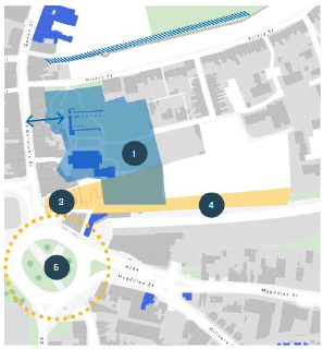 The image is a public realm and heritage setting map of St Botolphs Priory and surrounding roads. No intrusive groundworks or building foundations allowed surrounding the Priory, this area is shown in blue. A blue arrow from St Botolphs Road to St Botolphs Prioy indicates how better to consider the visibility of the frontage along the west through development of unlisted buildings on Queen Street. An orange area in Britania car park shows how to use public realm to buffer new housing from noise of the railway line. A yellow dotted circle shows around St Botolphs roundabout indicates the redesign of St Botolphs roundabout. 