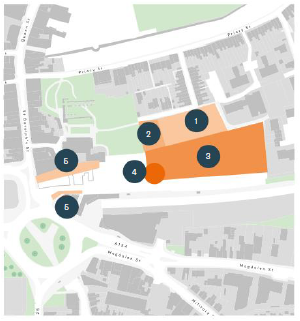 The image shows a map of the building heights and massing of St Botolphs site and surrounding roads. A light orange block to the north of Britannia car park is proposed to be a mews-style of 2-3 storey development. To the northwest of Britannia car park townhouse typologies of up to 4 storeys are proposed. Britannia car park is proposed as mansion block typologies up to 5 storeys. On the western edge a slightly higher massing or feature is to be considered. The entrance to the new St Botolphs site is a light orange area where an appropriate enclosure and screening of flank walls and service yard it to be created. 