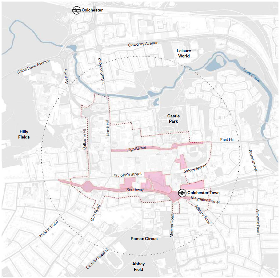 The image is of a map of Colchester city centre and surrounding area. An inset key to the top of the map shows a black dashed line and is labelled ‘Wider area – connectivity and public realm improvements’ this circles the city centre. A red dotted line is shown on the key as ‘core city centre area – urban design frameworks’ this dotted line goes around the town station, along Southway, part way up Butt Road, Balkerne Hill to the River Colne and part way up north Hill, St Peters street, through upper castle park, part way down East Hill and around Priory Street touching on New Town and down Military Road back to the Town station. The third inset key is shown in pink and this shows the ‘Key sites – design frameworks’ this includes the High Street, the old bus depot, Southway and part way up Lexden Road and Magdalen Street, St Botolphs car park and areas south of St Johns Street. Below the inset key is a north arrow and a scale bar. 