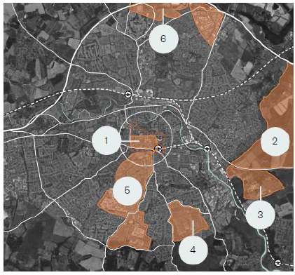The image is of a grey map of Colchester with allocations shaded orange with corresponding numbers. Allocation number one is in the centre of the map and shows the Town centre and North Station regeneration area. Allocation two is to the very east side of the map and is showing the Tendring Colchester Borders Garden Community. Allocation number three is to the east below allocation two and shows the University and Knowledge Gateway Area. Allocation four is to the south of the map and is showing the Middlewick Area. Allocation five is towards the middle of the map to the south and shows the Garrison Regeneration Area. Allocation six is to the very north of the map and shows Northern Gateway. Also shown on the map are the three stations in Colchester, Hythe, to the east, Town Centre in the Centre of the map and Colchester Mainline to the north. 