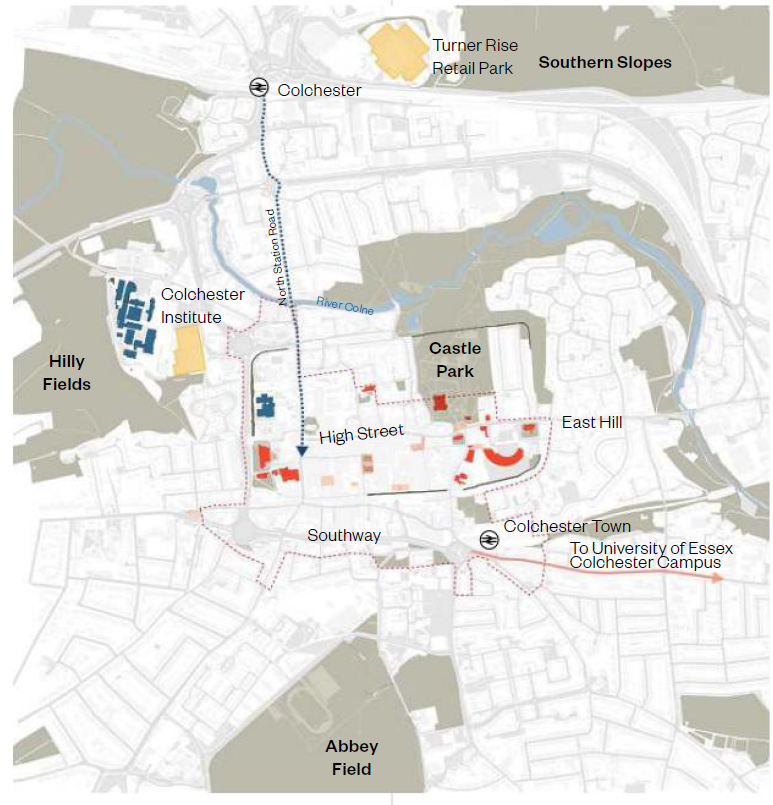 The image shows a map of Colchester city and surrounding areas. An insert key is shown to the right of the map and lists the following; Publicly accessible greenspace, publicly accessible square, Shopping centre, creative and cultural facilities, route from Colchester station to city centre, route from Colchester Station to City Centre, Route to University of Essex, Train Station, Core City centre and wider area. The publicly accessible greenspace is shown in grey and the main areas are Castle Park in the centre of the map, Southern Slopes to the North of Colchester, along the river Colne to the East of Colchester, Abbey Fields to the South of Colchester, and Hilly Fields to the West of Colchester. The publicly accessible squares are shown in light pink and dotted around the city centre. The shopping centers are shown in orange and include Turner Rise Retail Park to the north and the retail park next to Colchester Institute to the West. The creative and cultural facilities are shown in red and are spread over the city centre, including Firstsite, Colchester Castle, The Mercury and Jumbo. A navy-blue dotted line shows the route from Colchester Mainline station to Head Street. A pink line shows the route from Colchester Town station and points towards the direction of the University of Essex. Below the inset key is a north arrow and a scale bar.