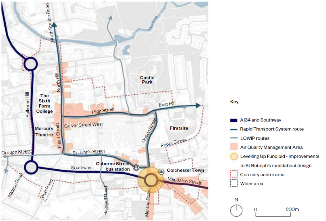 The image shows a map of Colchester city, an insert key is shown to the right of the map and lists the following; A134 and Southway, Rapid Transport System route, LCWIP routes, Air Quality Management area, Levelling up Fund bid – improvements to St Botolph’s roundabout design, Core City centre area and the wider area. The A134 and Southway are shown in navy and start at the south-east side of the map, along Magdalen Street, around St Botolphs roundabout, up Southway, around the Maldon Road roundabout and down Balkerne Hill. It then goes around Middleborough roundabout and down Westway where the map ends. The rapid transport system route is shown in blue and shows the route it will take around the city. Up East Hill and Queen Street, along St Johns Street, Up Head Street and North Hill towards the Mainline station. It will then return up North Hill, down the high street and continue down East Hill towards the garden community. The LCWIP routes are shown on the map in grey, these routes follow the Rapid transport routes around the city but also extend to Flagstaff road, Crouch Street and one route goes down Maidenburgh Street and across the River Colne. Air Quality Management Areas are highlighted across the city in pink. These areas to the south-east including Magdalen Street, Military Road and Mersea Road. Some areas on St Johns Street and Queens Street are highlighted. Head Street, North Hill and the High Street are also highlighted as Air Quality management areas. The Levelling up Fund bid for improvements to St Botolphs roundabout are highlighted on St Botolphs roundabout in orange. The Core city centre area is shown in a red dashed line and surrounds the inner-city areas. Below the inset key is a north arrow and a scale bar. 