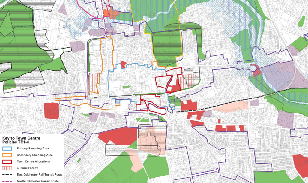 The image is a map of Colchester City centre, the map inset key is in the bottom left corner and reads ‘Key to Town Centre Policies TC1-4 and lists the following; Primary Shopping Area, Secondary Shopping Area, Town Centre Allocations, Cultural Facility, East Colchester Rail Transit Route and the North Colchester Transit Route. The Primary Shopping Area is shown as a light blue line and includes Head Street, The High Street, Eld Lane and St Botolps area. The Secondary Shopping area is shown in orange and includes Head Street, North Hill, part of Lexden Road and part of Southway. A second area of orange includes part of Castle Bailey and Ryegate road facing Castle Park. The Town Centre Allocations are shown with a red line and include, Vineyard Gate, St Botolphs, Priory Walk and the Old Bus Depot. The Cultural Facility are shown in red vertical lines and include the Mercury Theater, Jumbo and St Botolphs Priory. The East Colchester Transit Route is shown in a black dashed line and is shown coming from the East of Colchester into Colchester Town Station. The North Colchester Transit Route is shown in a pink dashed line and starts at the bottom of North Hill and goes North towards the Mainline station. 