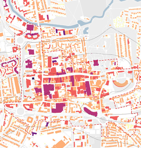 The image shows the existing building heights in the city centre map. An inset key lists the different heights, one storey buildings are shown in yellow and are mainly out of the city centre in the suburbs. Two storeys are shown in orange and are mainly surrounding the city centre. Three storeys are shown in darker orange and can be seen in the city centre, down the high street and main shopping streets. Four story buildings are shown in pink and are mainly the big car parks like St Johns Street and Osborne Street and also Debenhams and Fenwicks. Five storey buildings can be seen on the outskirts of town to the north and south. The only seven storey building that can be seen is Jumbo shown in black. A red dotted line circles the core city centre area.
