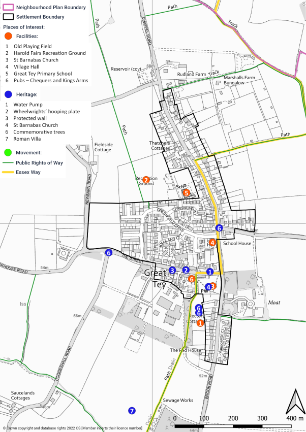 Map showing places of interest in Great Tey village. Facilities: Old Playing Field, Harold Fairs Recreation Ground, St Barnabas Church, Village Hall, Great Tey Primary School, Pubs - Chequers and Kings Arms. Heritage: Water Pump, Wheelwrights' hooping plate, Protected wall, St Barnabas Church, Commemorative trees, Roman Villa. Movement: Public Rights or Way, Essex Way.