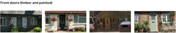 Various images. Windows: Casement windows, Sash windows, Dark brown frame on casement & cottage style window, Arched shape windows. Different front doors - timber and painted.