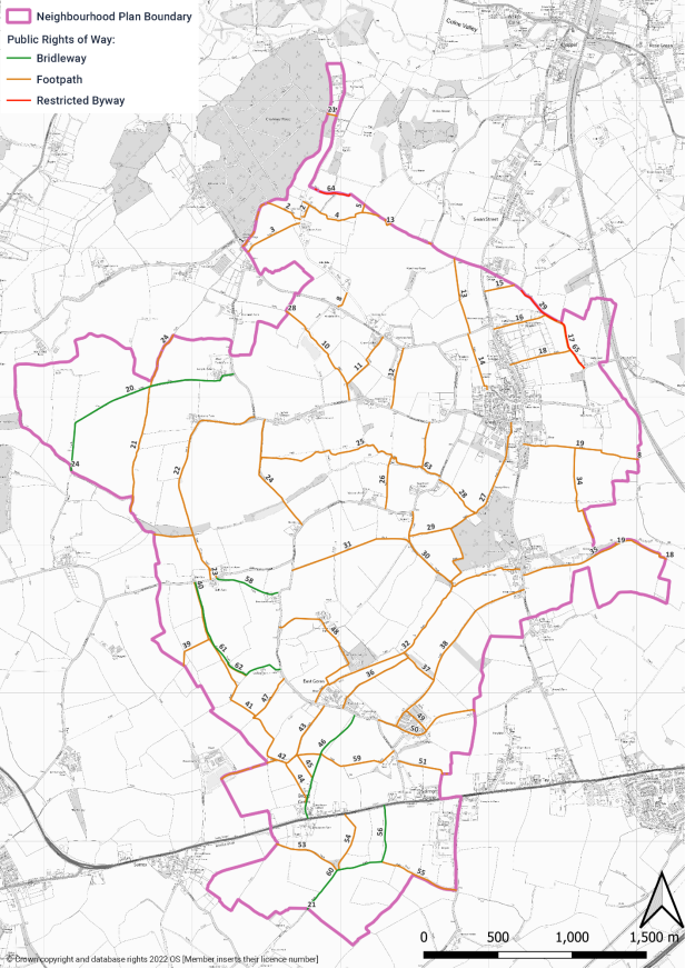 Map indicating Public Rights of Way (Bridleway, Footpath, Restricted Byway) within the Neighbourhood Plan Boundary