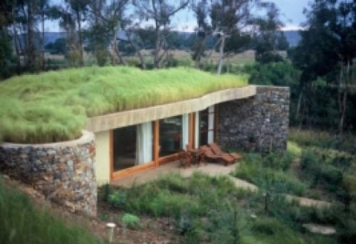 single storey home with a flat grassy roof in a natural surrounding