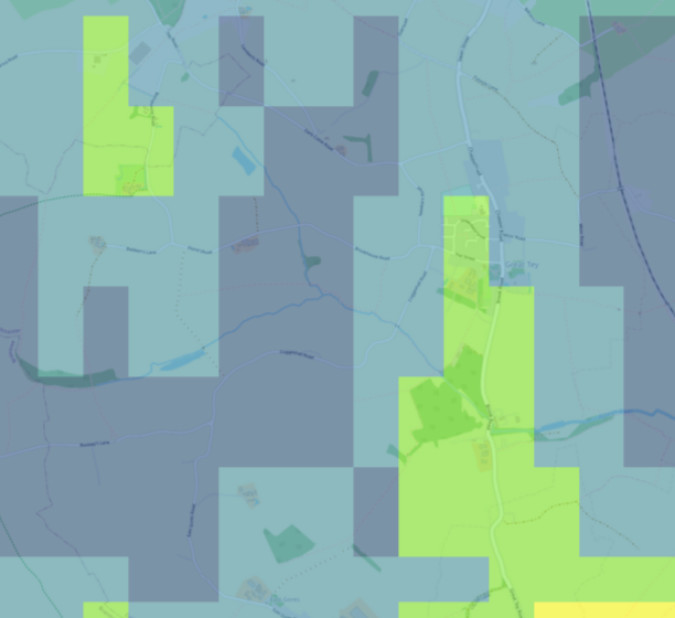 map sectioned into bright yellow, grey, and green colour blocks