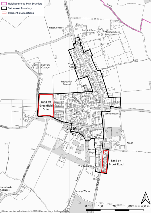 map showing neighbourhood plan boundary, settlement boundary, and the residential allocations 