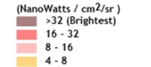 key for above image. NanoWatts / cm2/sr): Brown >32 (Brightest), Red 16-32; Pink 8-16, Dark Yellow 4-8