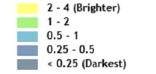 key to image above continued. Bright Yellow: 2-4, Green 1-2, Bright Blue: 0.5-1, Dark Blue: 0.25-0.5, Grey: <0.25 (Darkest)