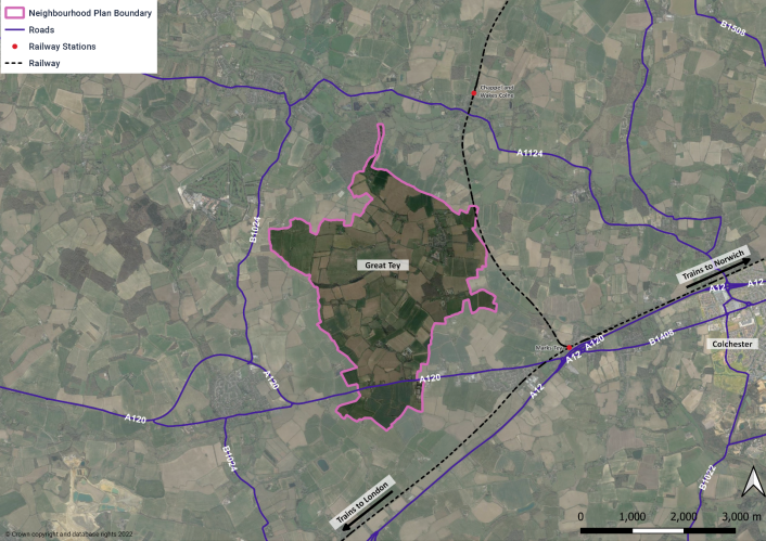 Map of Great Tey neighbourhood plan boundary indicating surrounding roads, railways and railway stations.