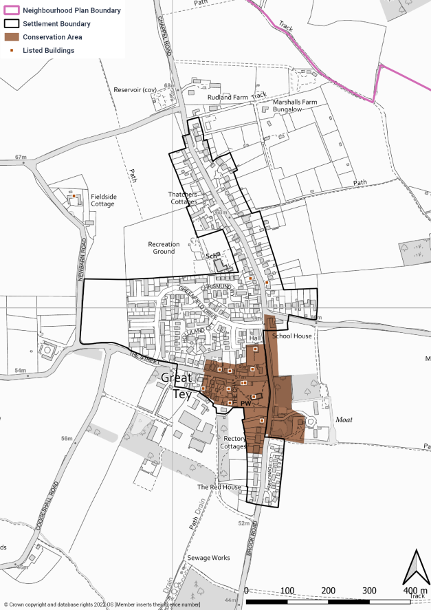 Map showing settlement boundary with 2 listed buildings marked, within the conservation area of the settlement boundary there is a further 11 listed buildings points.