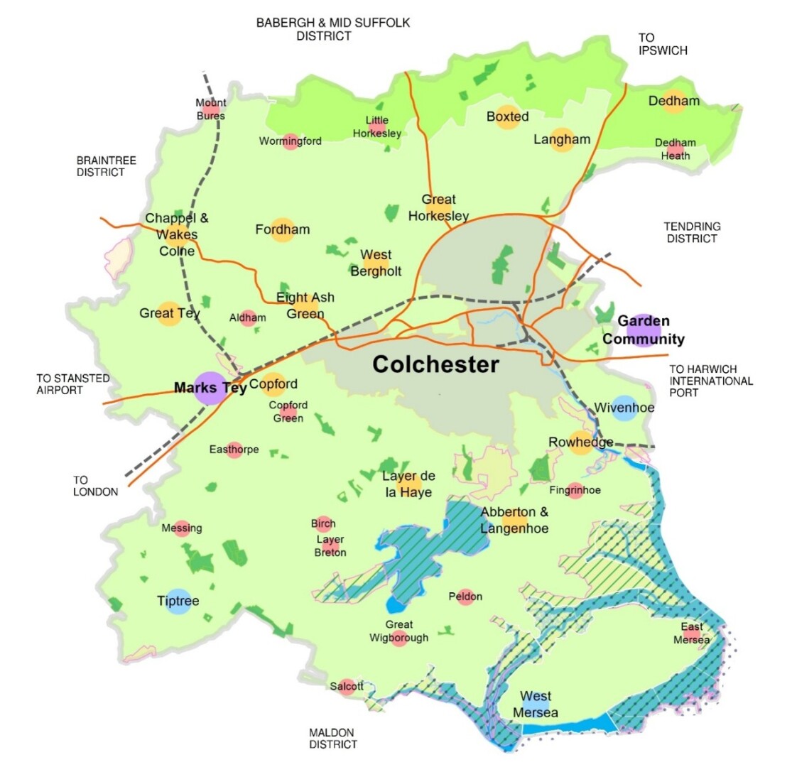 Map of Colchester and surrounding areas, showing districts, towns, villages, and landmarks, with green fields, blue rivers, and labelled locations.
