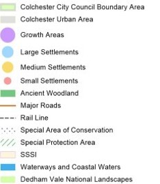Map legend for Colchester with colour-coded categories for council boundaries, urban and growth areas, settlement sizes, woodland, roads, rail, conservation zones, waterways, and Dedham Vale National Landscape.