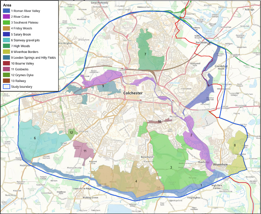 Map of Colchester with 13 colour-coded areas of biodiversity significance, numbered and listed in the legend, surrounded by a blue study boundary.